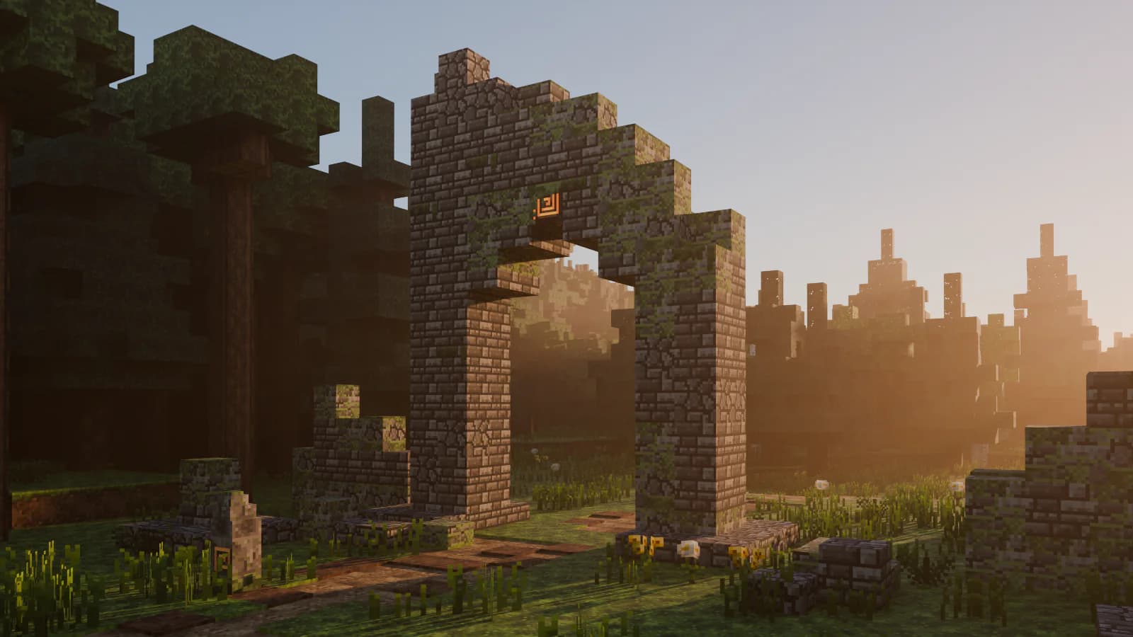 Voxel landscape: a forest trail leads to an old ruin with copper inscriptions.