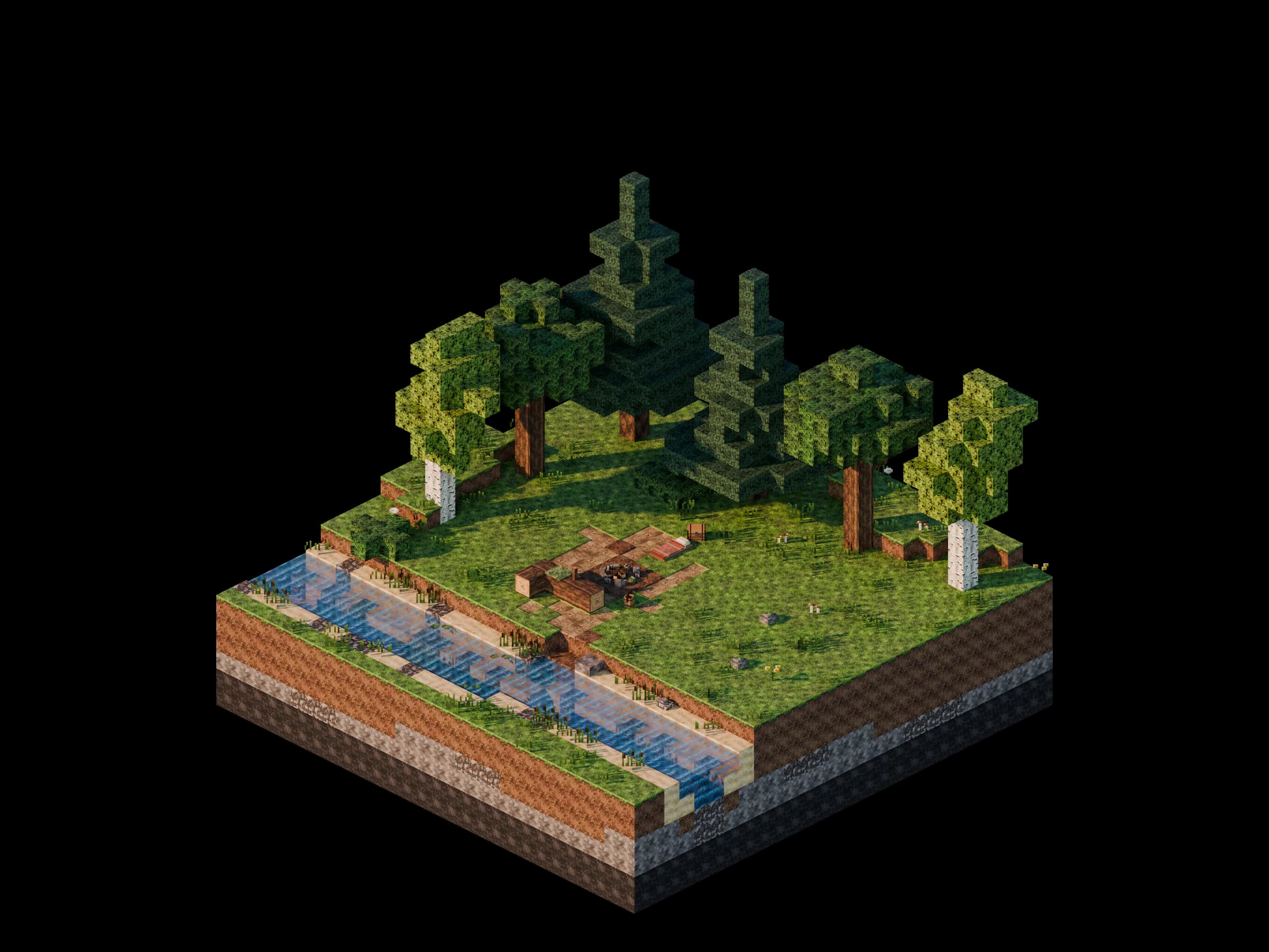 Voxel diorama of a riverside clearing in the morning: a bed, a chest, a fallen log, and an unlit campfire in a ring of stones.