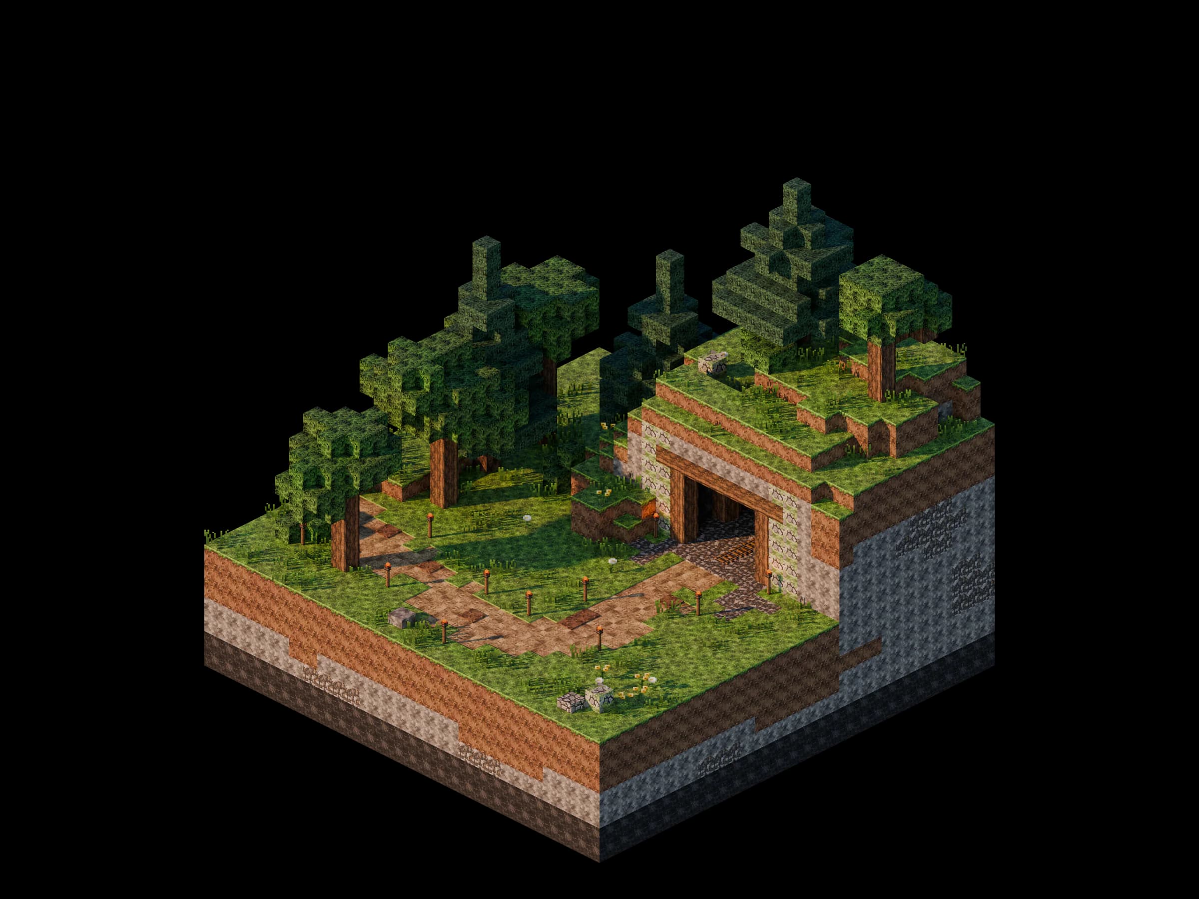 Voxel diorama of a timber-framed mine entrance in a hillside. A dirt path lined with torches leads out of the forest and into the dark.