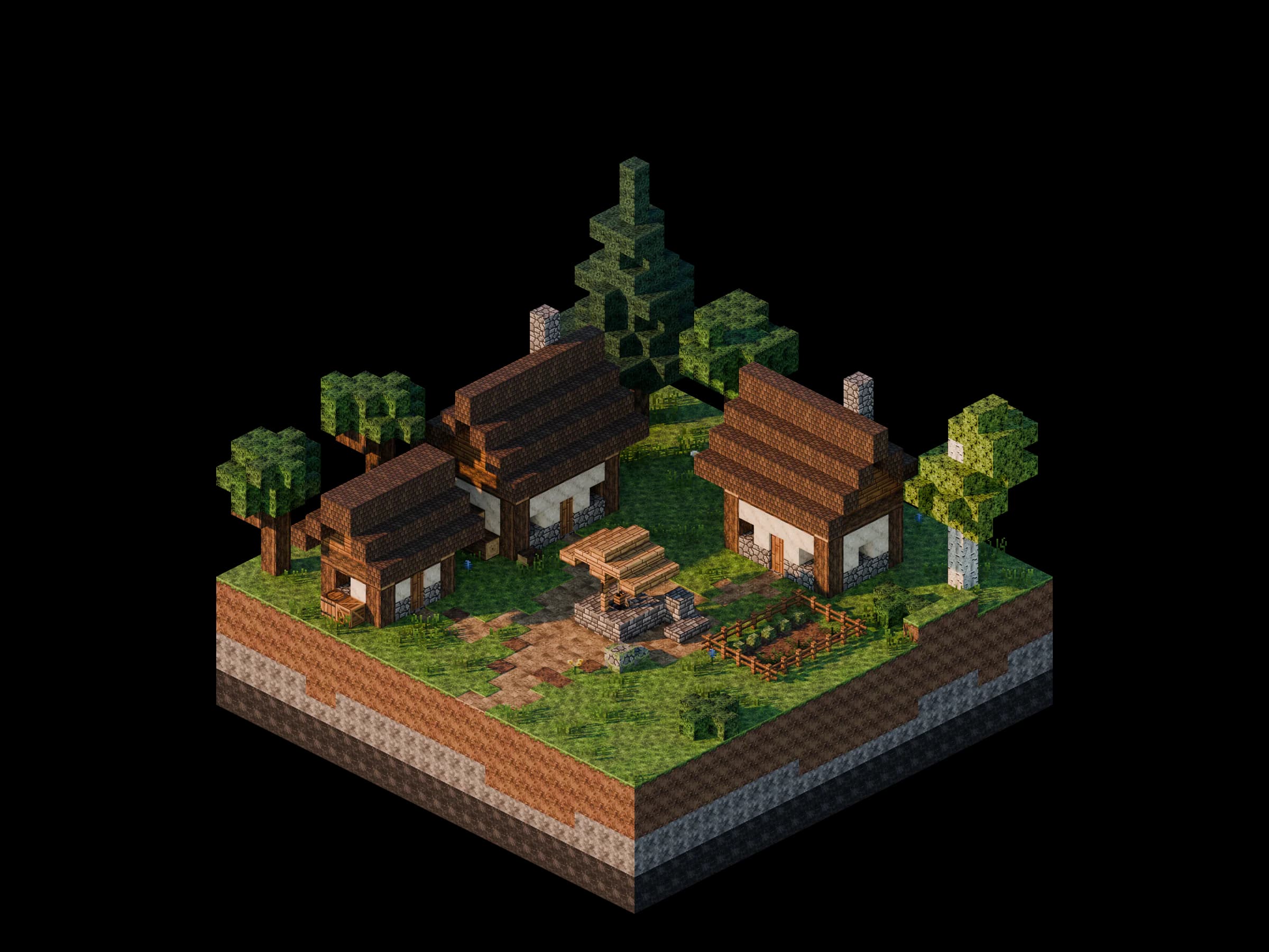 Voxel diorama of a village square: wooden houses around a freshly rebuilt stone well with a new roof and a bucket on a rope. A few spare stones sit beside it.