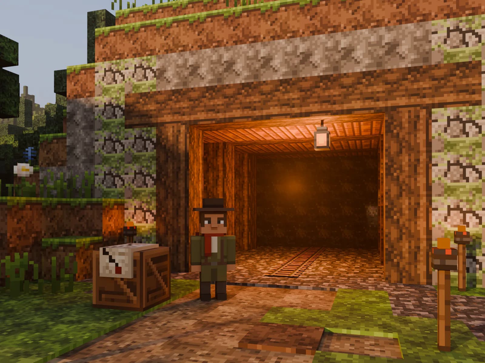 Voxel scene at eye level: an explorer stands in front of a timber-framed mine entrance, beside a crate with an open map marking a route. Behind them, a lit lantern hangs from the entrance beam and lights the tunnel.