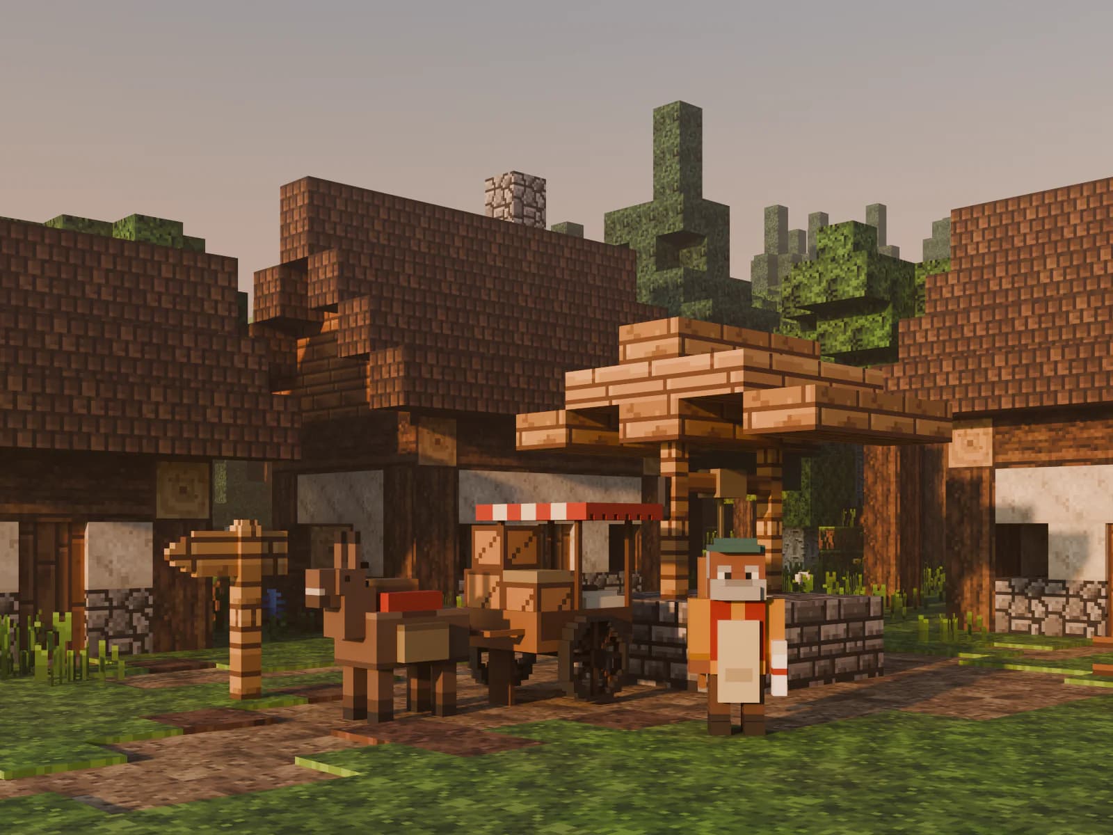 Voxel scene at eye level: in a village square, a trader stands by the rebuilt stone well beside a mule-drawn cart loaded with crates, and a new signpost points down the road.