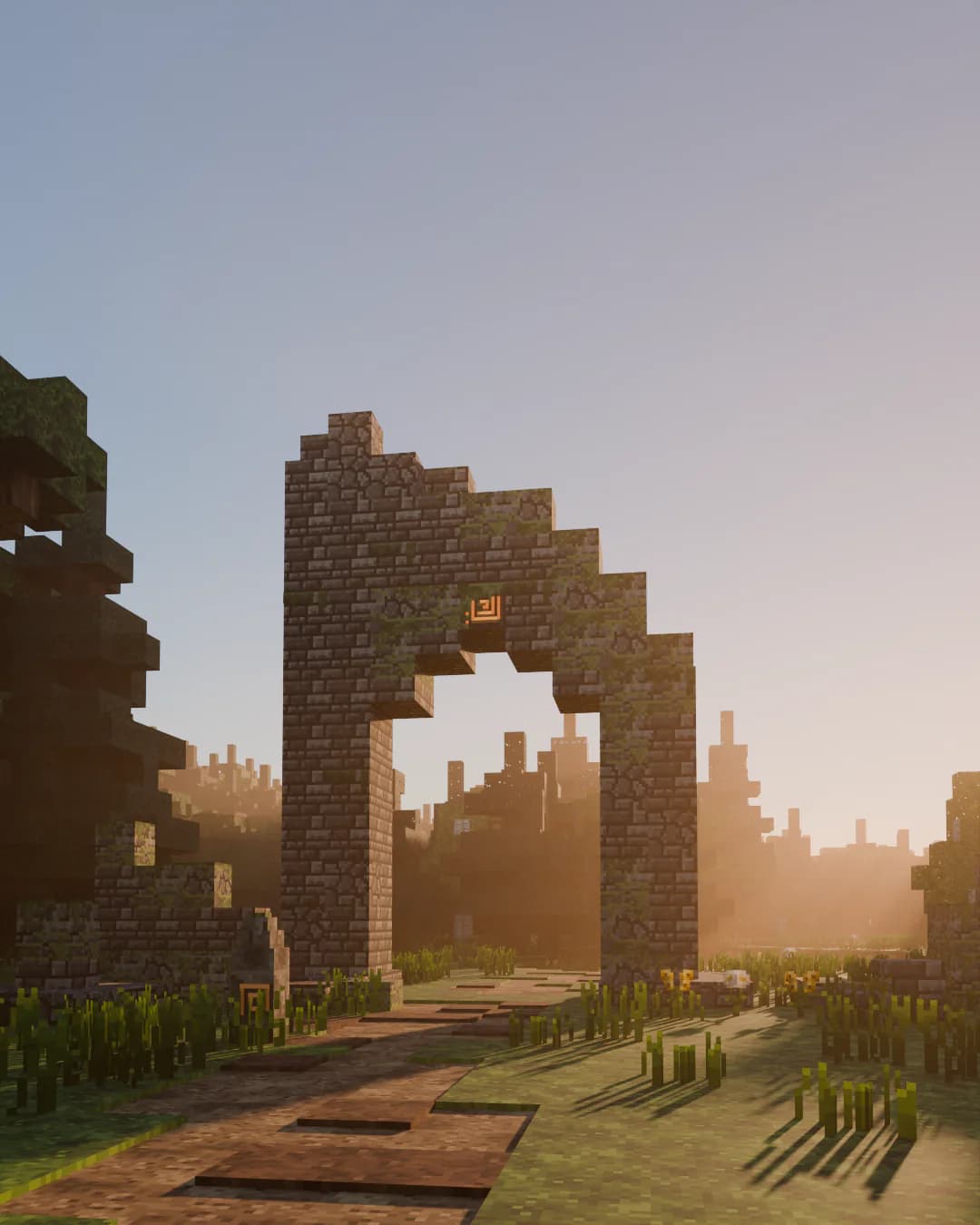 Voxel landscape in late-afternoon light: a dirt path runs through the forest to an old stone ruin, with copper inscriptions showing through the moss.