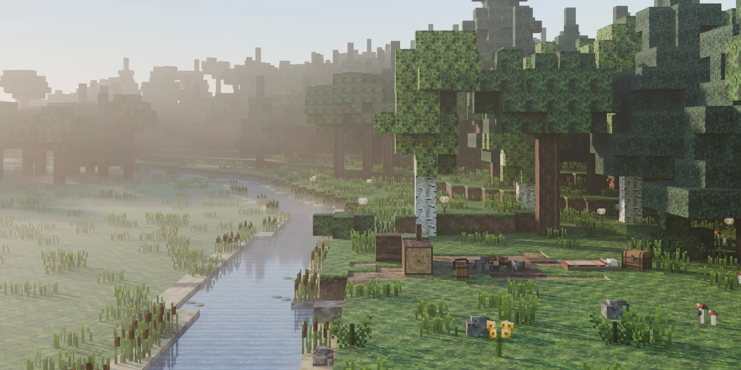 Wide voxel landscape: a riverside clearing in the morning, surrounded by forest, with a bed, a chest, and an unlit campfire in a ring of stones.