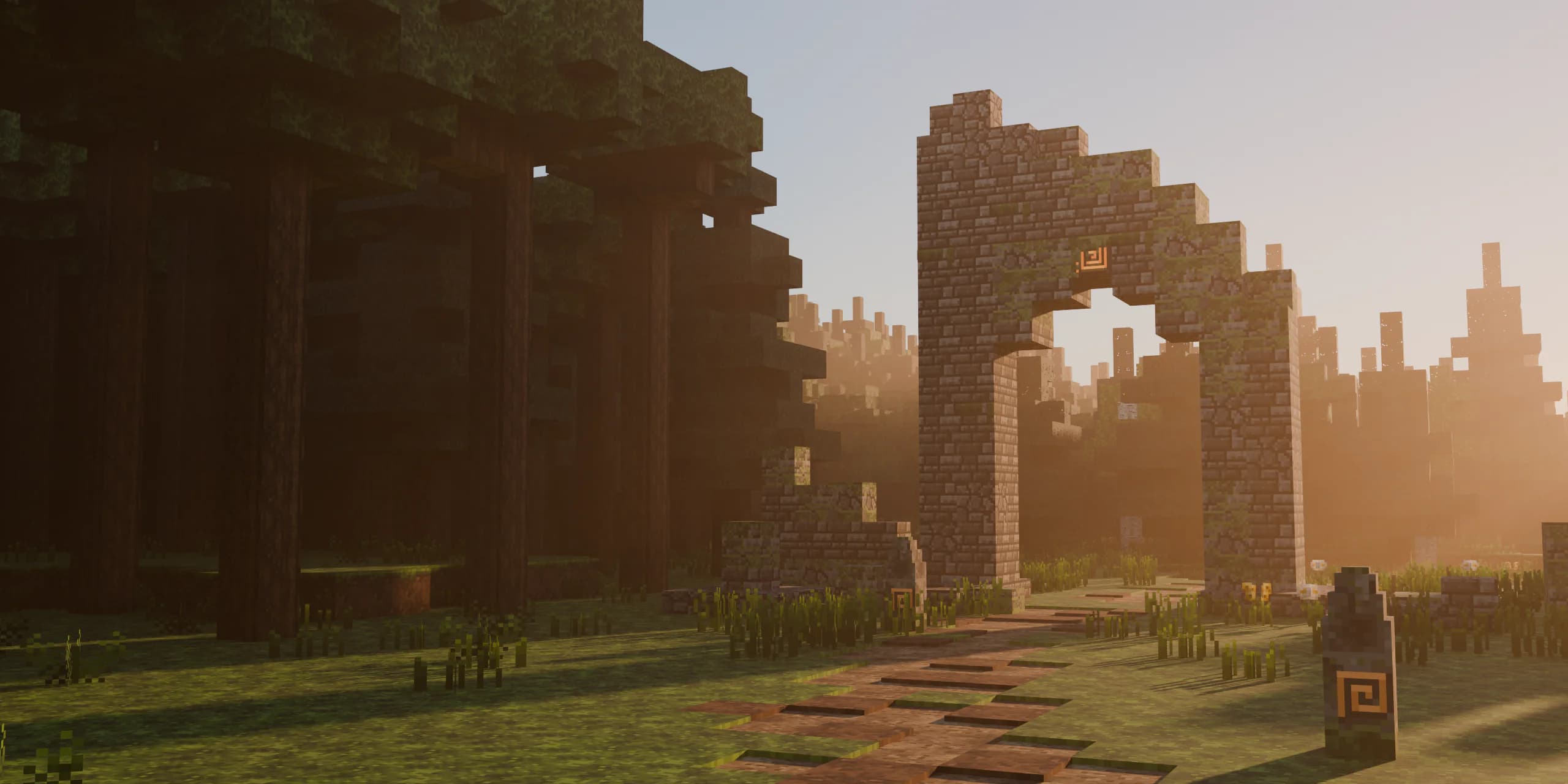 Voxel landscape in late-afternoon light: a dirt path runs through the forest to an old stone ruin, with copper inscriptions showing through the moss.
